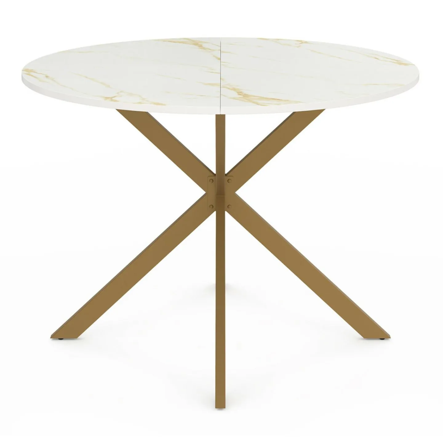 Table à manger ronde 110 cm 6 personnes avec plateau effet marbre doré et pied araignée en laiton*IDMarket New