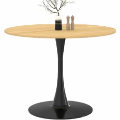 Table à manger ronde 100 cm bois et noir 4 personnes pied tulipe*IDMarket Best
