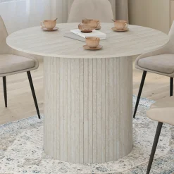 Table à manger ronde 6 personnes pied central effet lattes façon travertin 110 cm*IDMarket