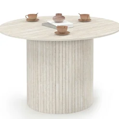 Table à manger ronde 6 personnes pied central effet lattes façon travertin 110 cm*IDMarket
