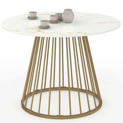 Table à manger ronde 6 personnes pied filaire laiton et plateau effet marbre blanc 110 cm*IDMarket Hot