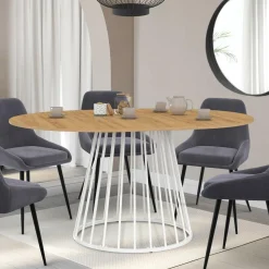 Table à manger ronde extensible 110-150 cm 4-8 personnes plateau bois et pied filaire métal blanc*IDMarket