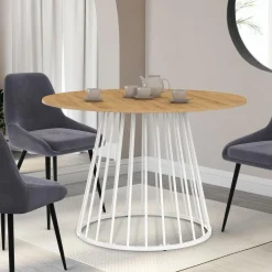 Table à manger ronde extensible 110-150 cm 4-8 personnes plateau bois et pied filaire métal blanc*IDMarket