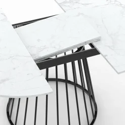 Table à manger ronde extensible 110-150 cm 4-8 personnes plateau effet marbre blanc et pied filaire métal noir*IDMarket Online