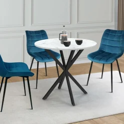 Table à manger ronde plateau effet marbre blanc pied araignée noir 4 personnes*IDMarket Discount