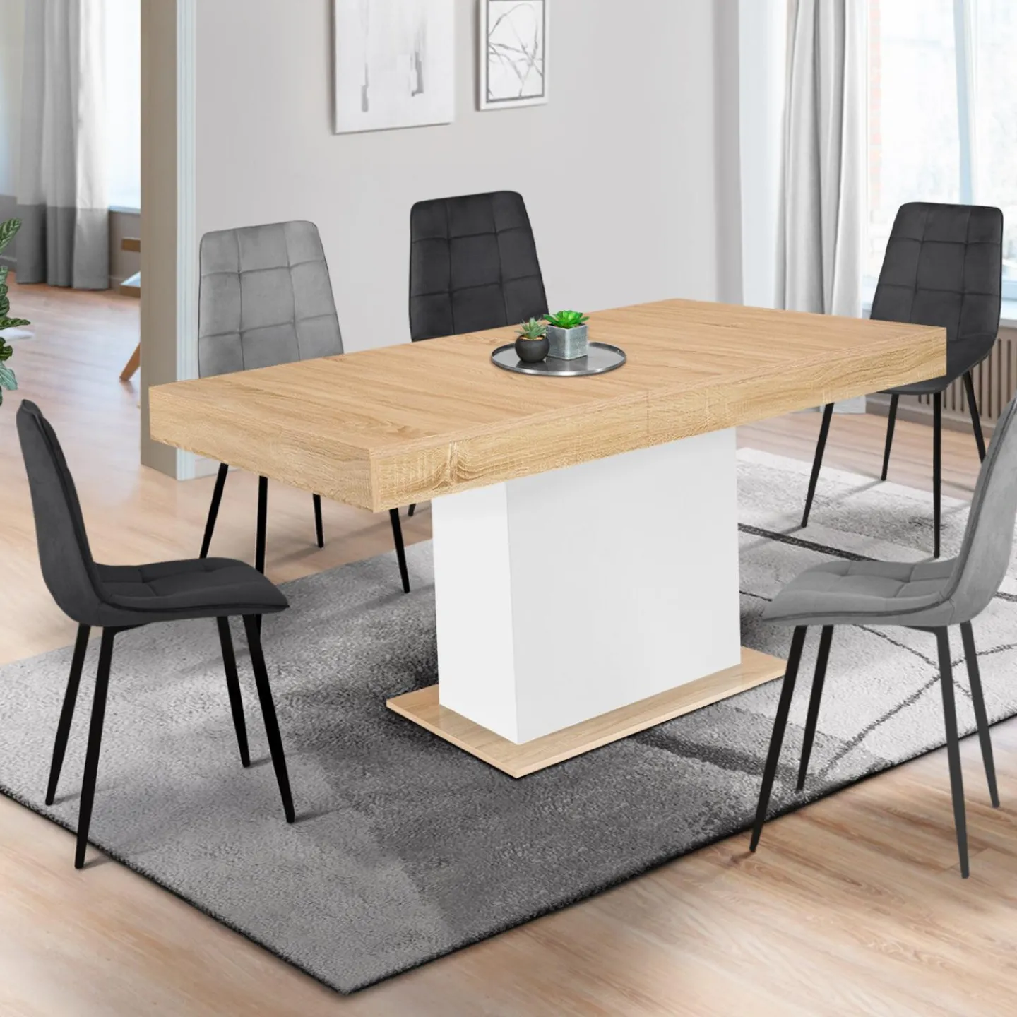Table avec pied central bois et blanc extensible*IDMarket Best
