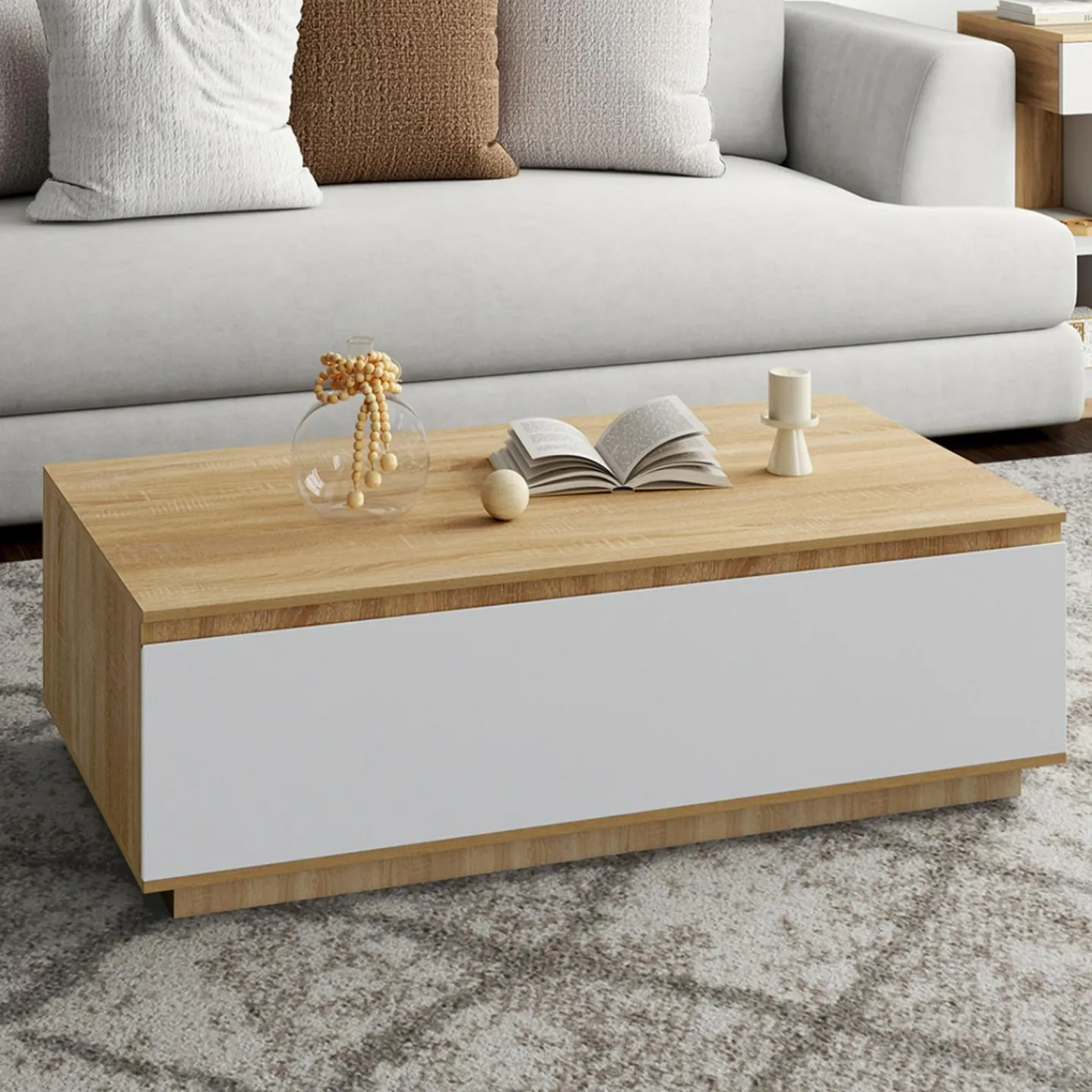 Table basse 110 cm avec porte façon hêtre et blanc*IDMarket New