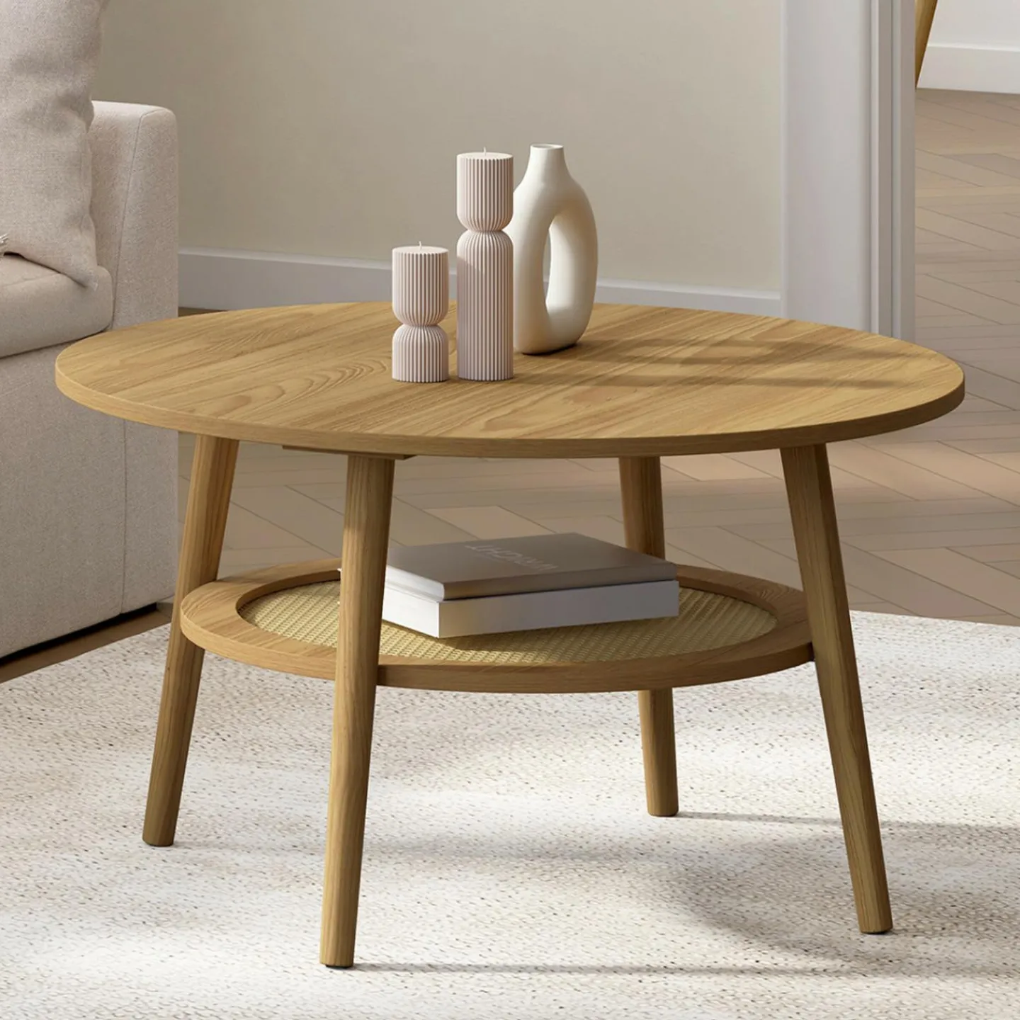 Table basse 70 cm ronde bois façon hêtre et plateau effet naturel cannage*IDMarket