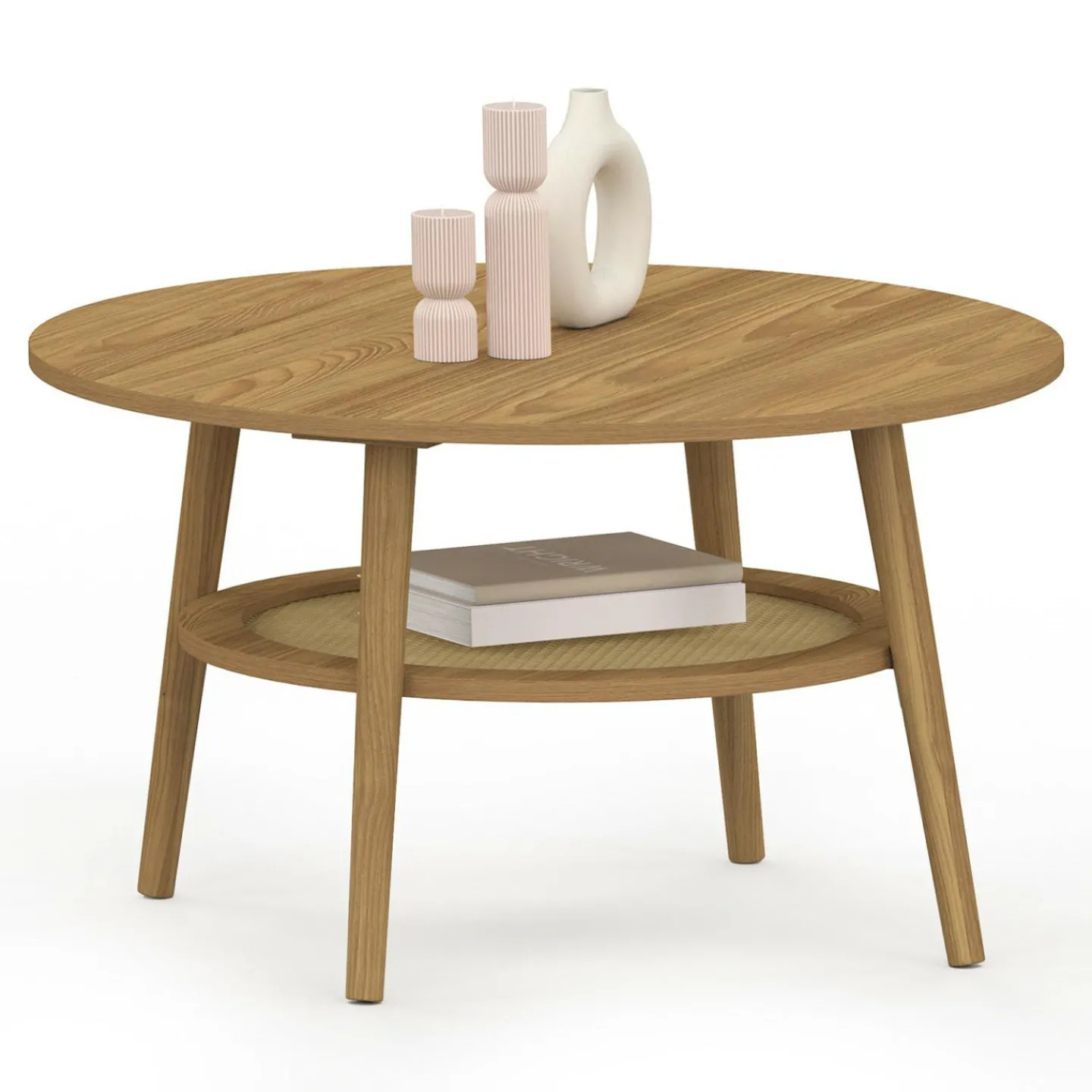 Table basse 70 cm ronde bois façon hêtre et plateau effet naturel cannage*IDMarket