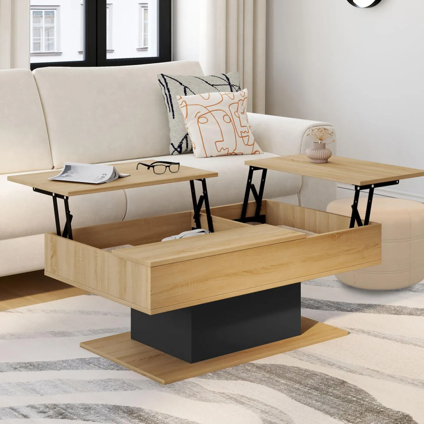 Table basse 2 plateaux relevables bois et noir*IDMarket