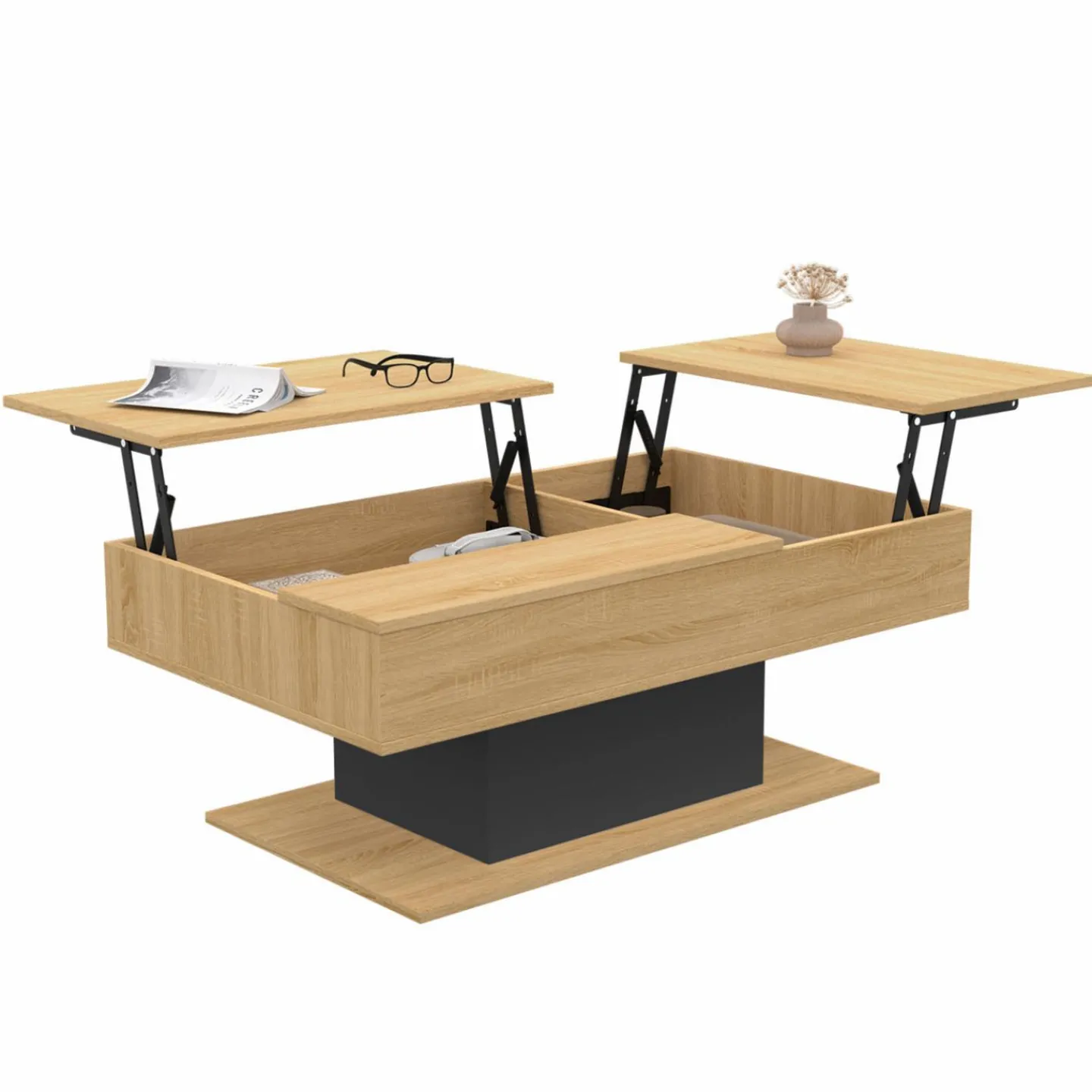 Table basse 2 plateaux relevables bois et noir*IDMarket