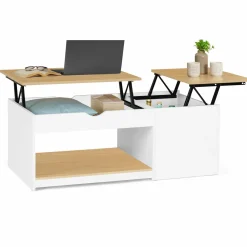 Table basse 2 plateaux relevables bois blanc et façon hêtre*IDMarket