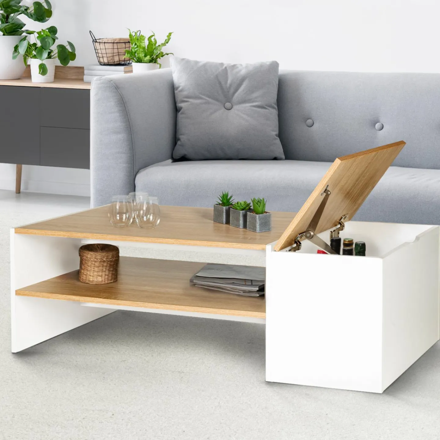 Table basse avec rangement bar 110 cm bois imitation hêtre et blanc*IDMarket Best