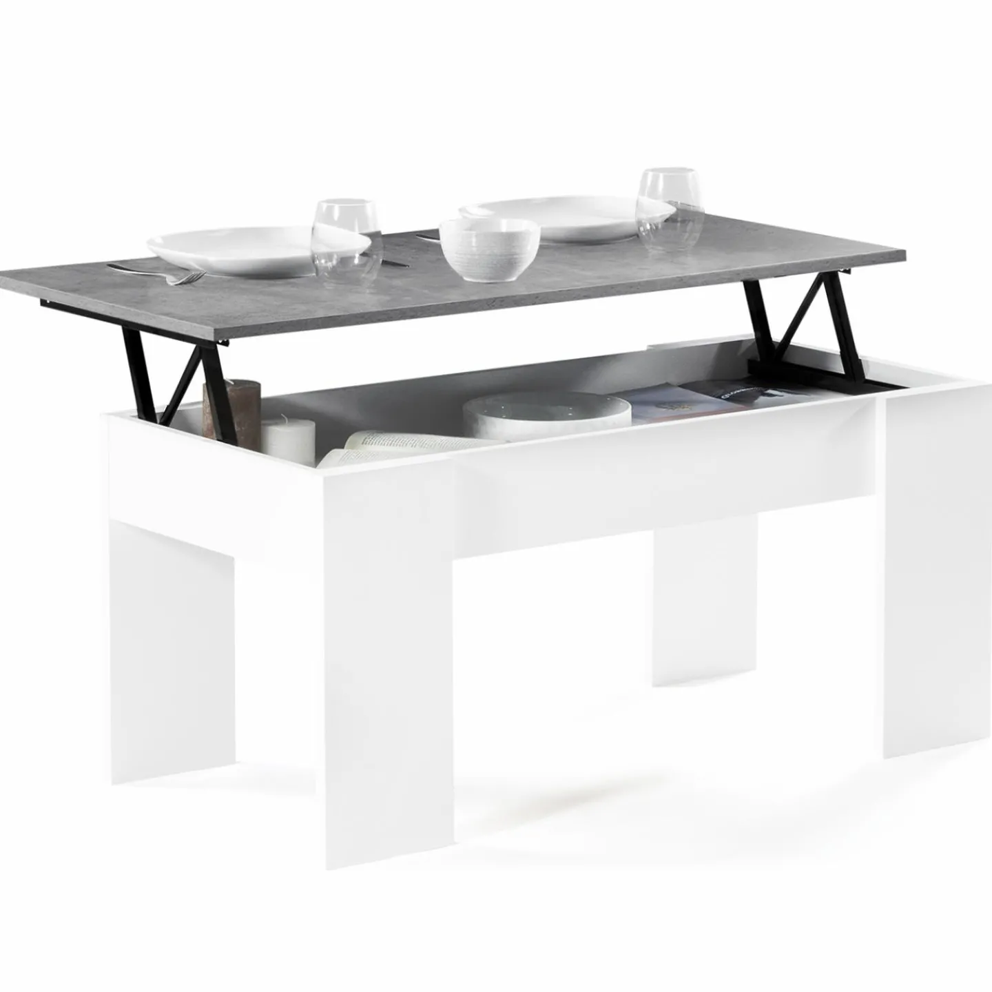 Table basse bois blanc plateau relevable effet béton*IDMarket