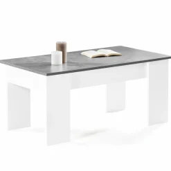 Table basse bois blanc plateau relevable effet béton*IDMarket