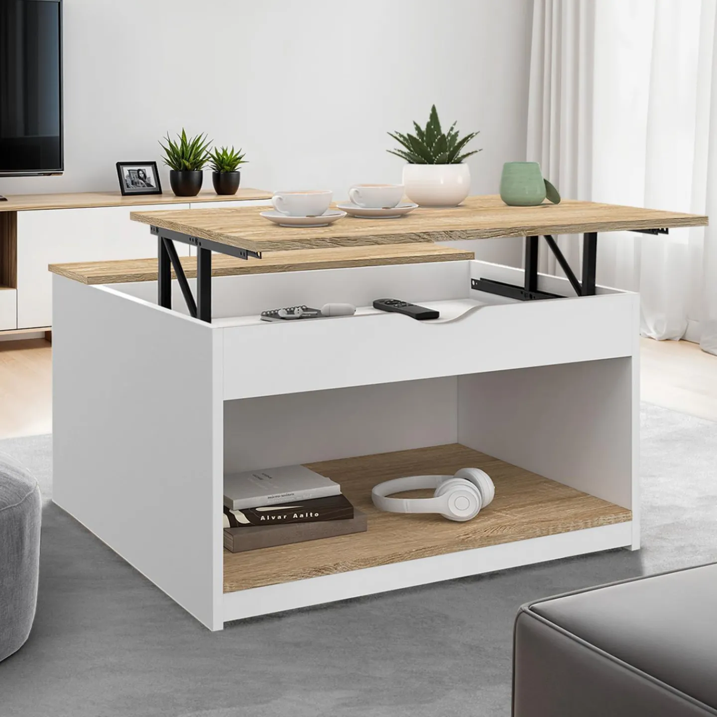 Table basse carrée blanche avec plateau relevable et coffre bois*IDMarket New