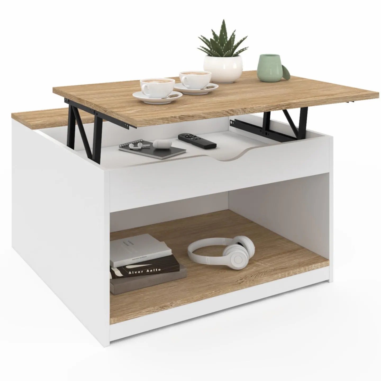 Table basse carrée blanche avec plateau relevable et coffre bois*IDMarket New