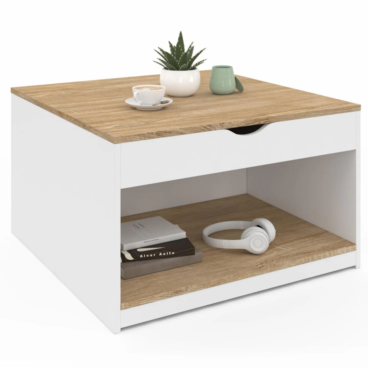 Table basse carrée blanche avec plateau relevable et coffre bois*IDMarket New