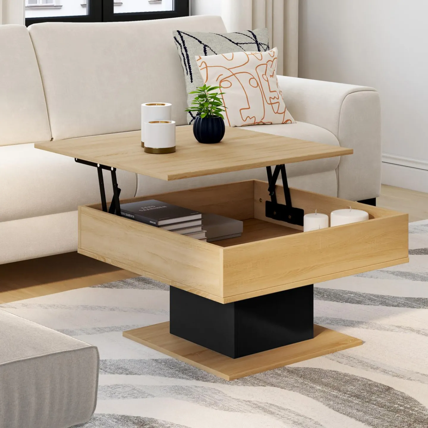 Table basse carrée bois et noir avec plateau relevable*IDMarket Hot