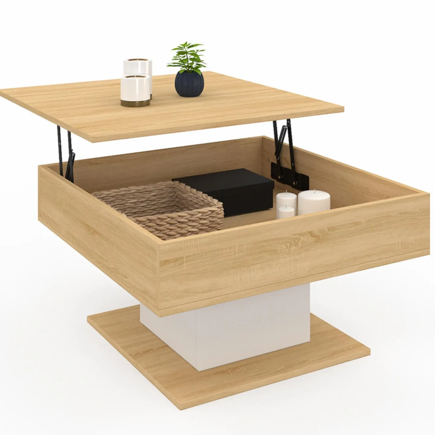 Table basse carrée bois et blanc avec plateau relevable*IDMarket Outlet