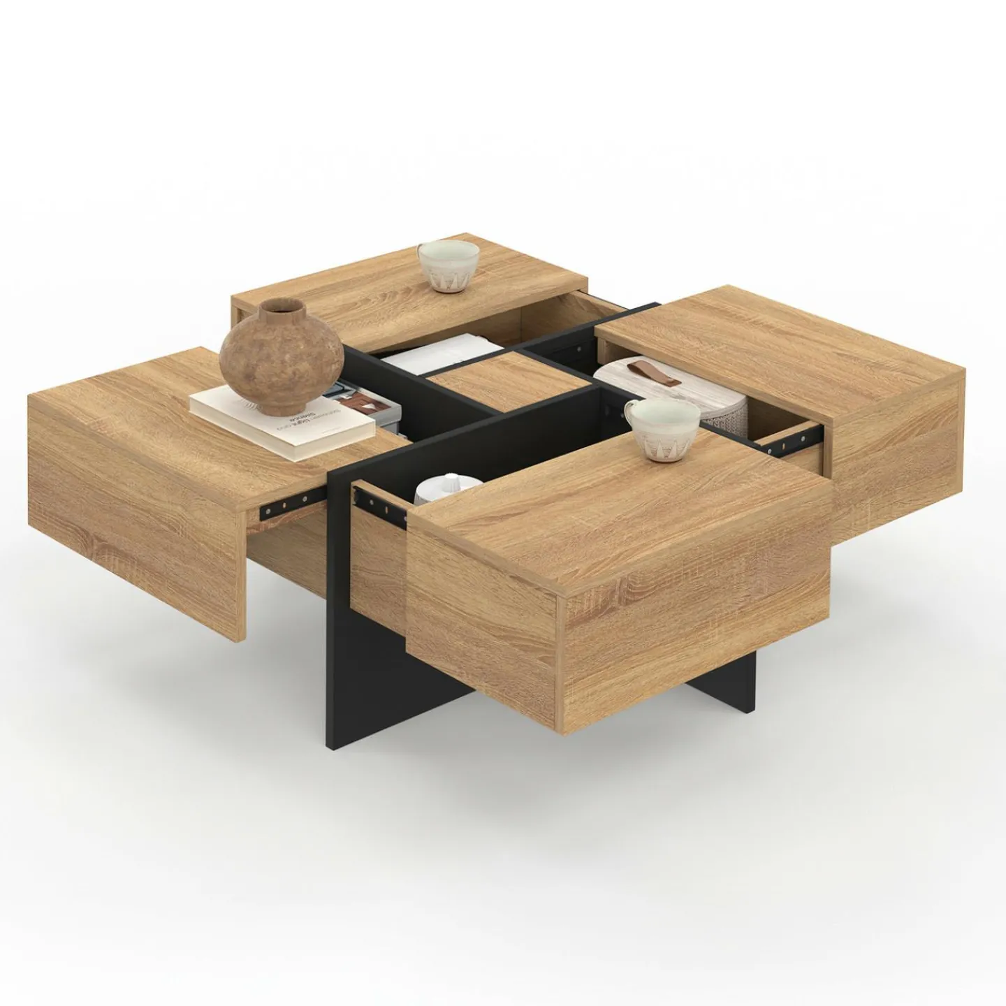 Table basse carrée tiroirs bois noir*IDMarket Online