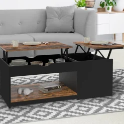 Table basse double plateau relevable bois foncé effet vieilli et noir avec coffre*IDMarket New