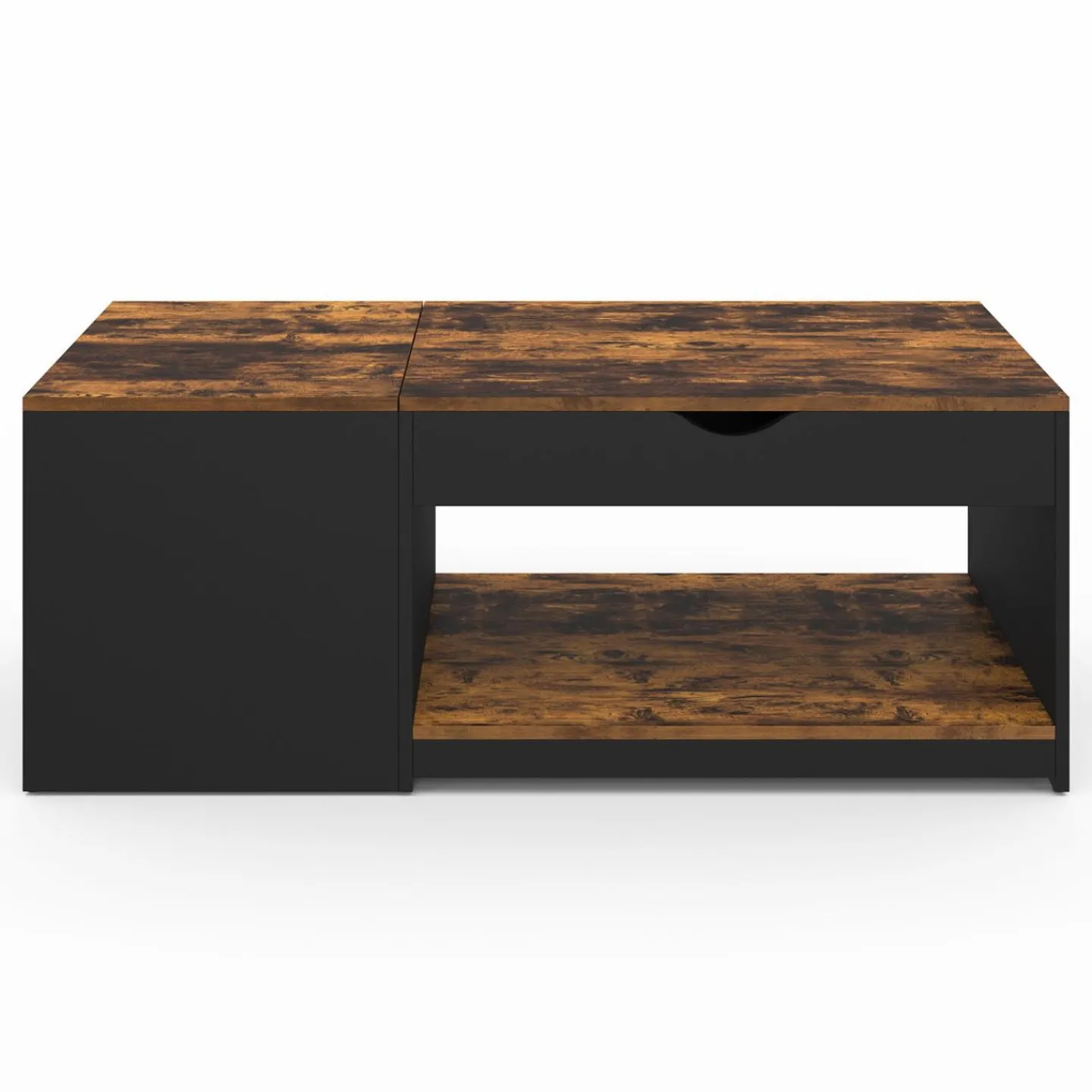 Table basse double plateau relevable bois foncé effet vieilli et noir avec coffre*IDMarket New