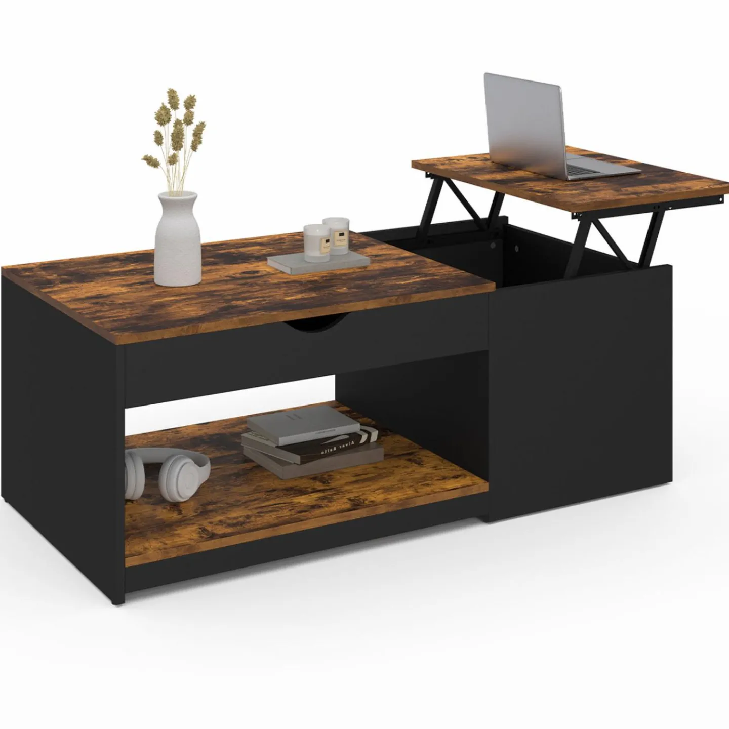 Table basse double plateau relevable bois foncé effet vieilli et noir avec coffre*IDMarket New