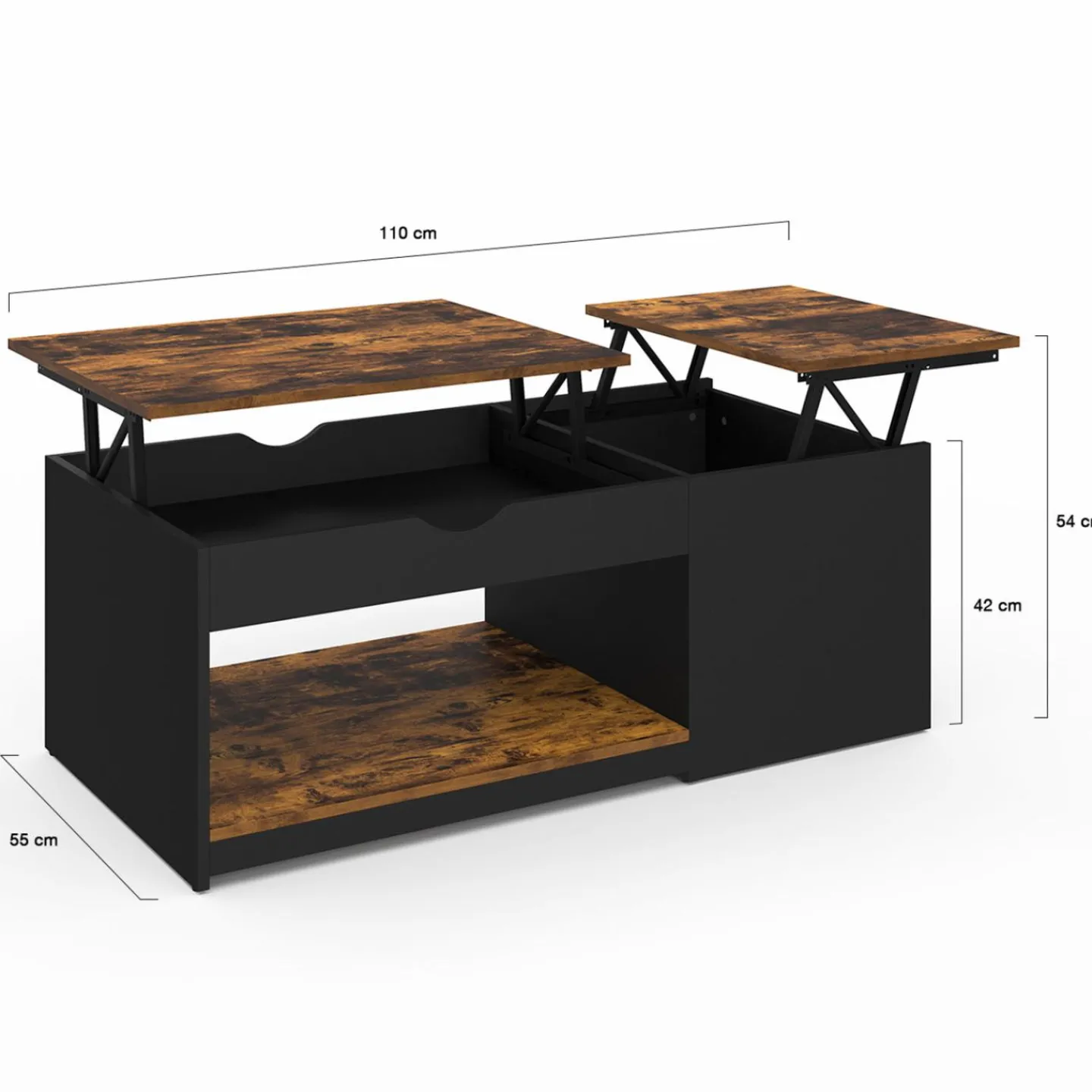 Table basse double plateau relevable bois foncé effet vieilli et noir avec coffre*IDMarket New
