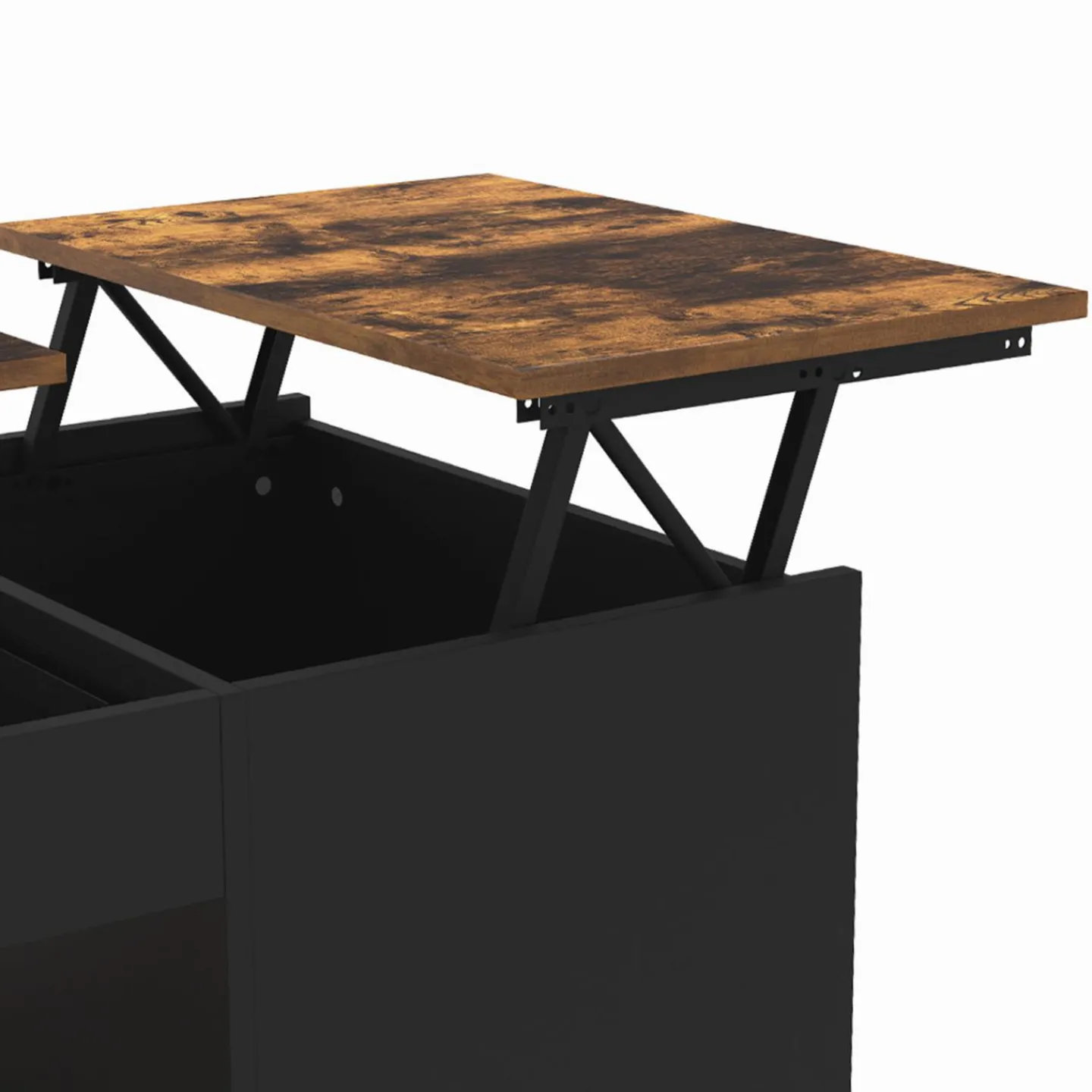 Table basse double plateau relevable bois foncé effet vieilli et noir avec coffre*IDMarket New