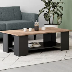Table basse noire avec plateau façon hêtre rectangulaire*IDMarket