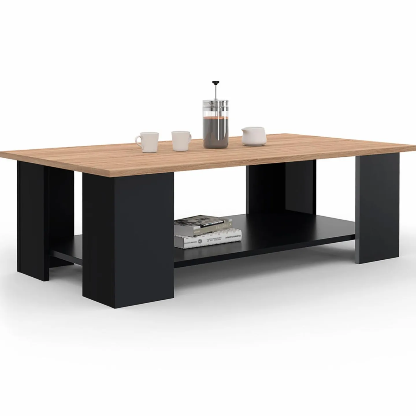 Table basse noire avec plateau façon hêtre rectangulaire*IDMarket