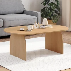 Table basse ovale pied central bois effet hêtre 110 cm*IDMarket Discount