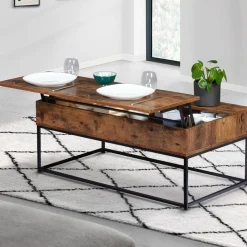 Table basse plateau relevable effet bois vieilli et pieds métal*IDMarket