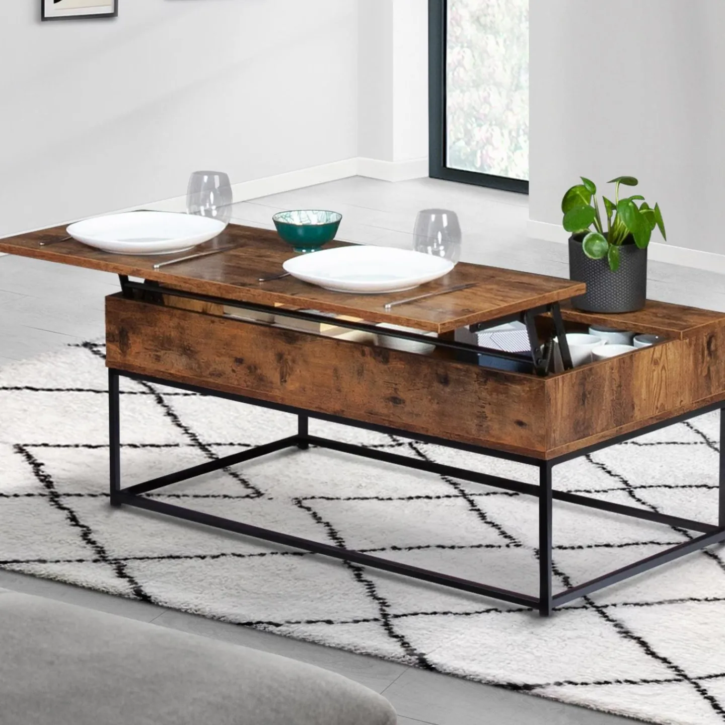 Table basse plateau relevable effet bois vieilli et pieds métal*IDMarket