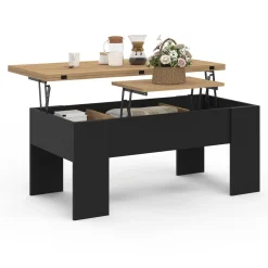 Table basse plateau relevable rectangulaire bois noir et imitation hêtre*IDMarket Best