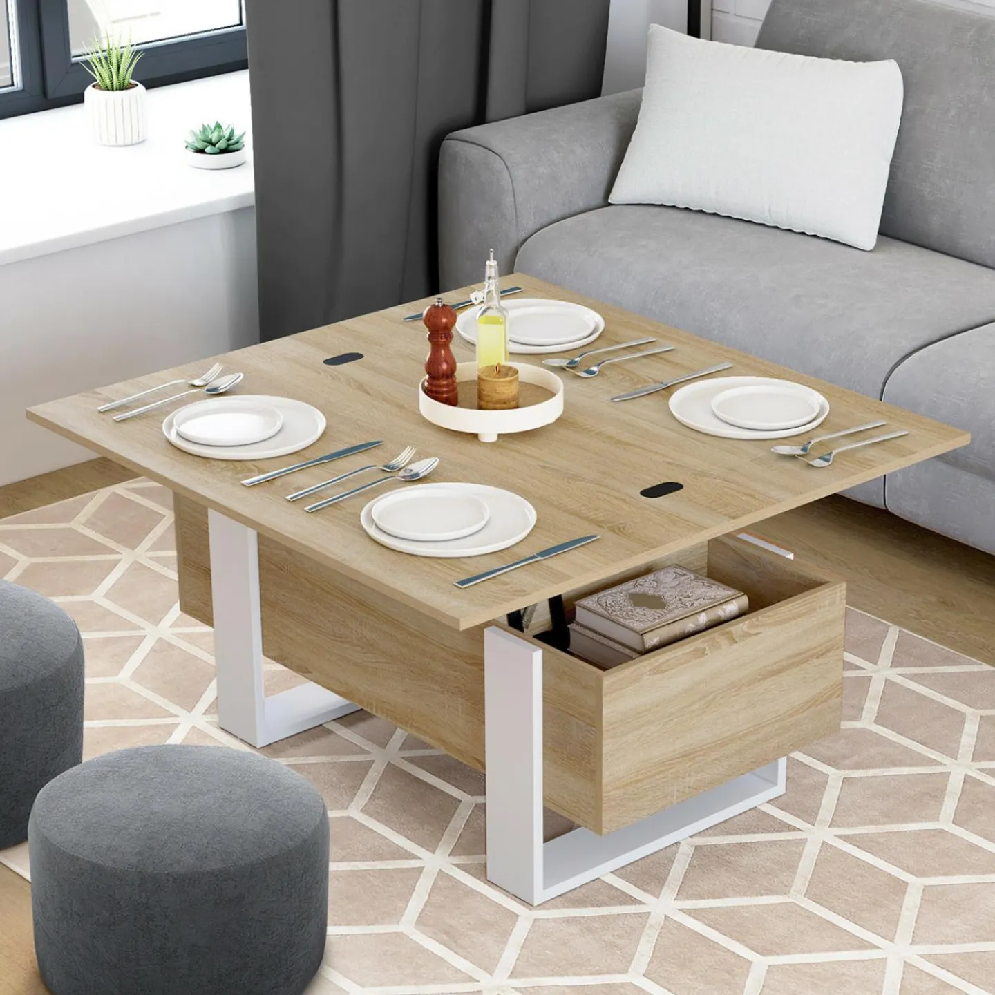 Table basse rectangulaire relevable convertible en table à manger bois et blanc*IDMarket Clearance