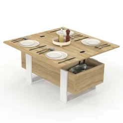 Table basse rectangulaire relevable convertible en table à manger bois et blanc*IDMarket Clearance