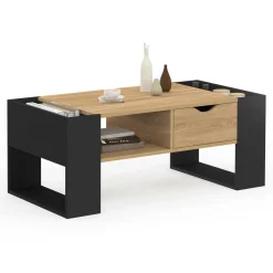 Table basse rectangulaire avec tiroir bois noir et façon hêtre*IDMarket Discount
