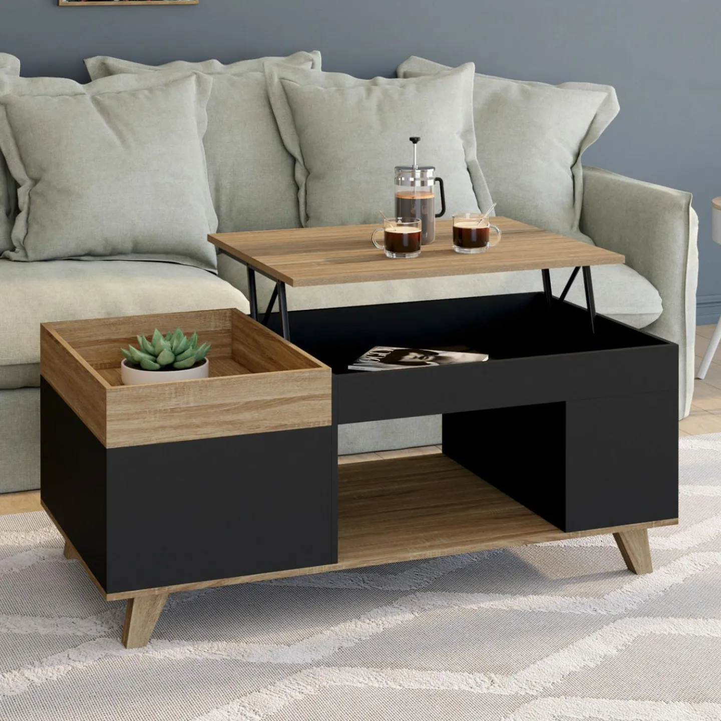Table basse rectangulaire plateau relevable bois et noir plateau amovible avec coffre*IDMarket