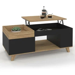 Table basse rectangulaire plateau relevable bois et noir plateau amovible avec coffre*IDMarket