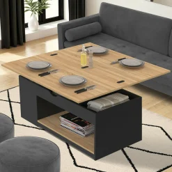 Table basse rectangulaire convertible en table à manger noire et façon hêtre*IDMarket Best
