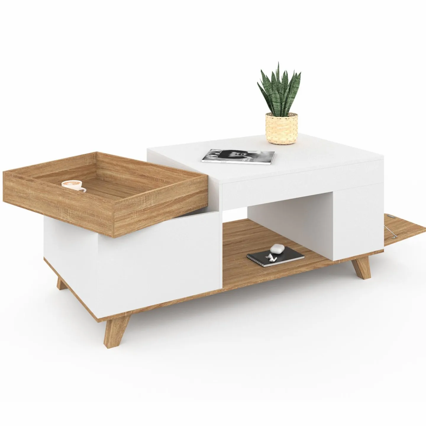 Table basse rectangulaire bois et blanc plateau relevable et coffre*IDMarket Clearance