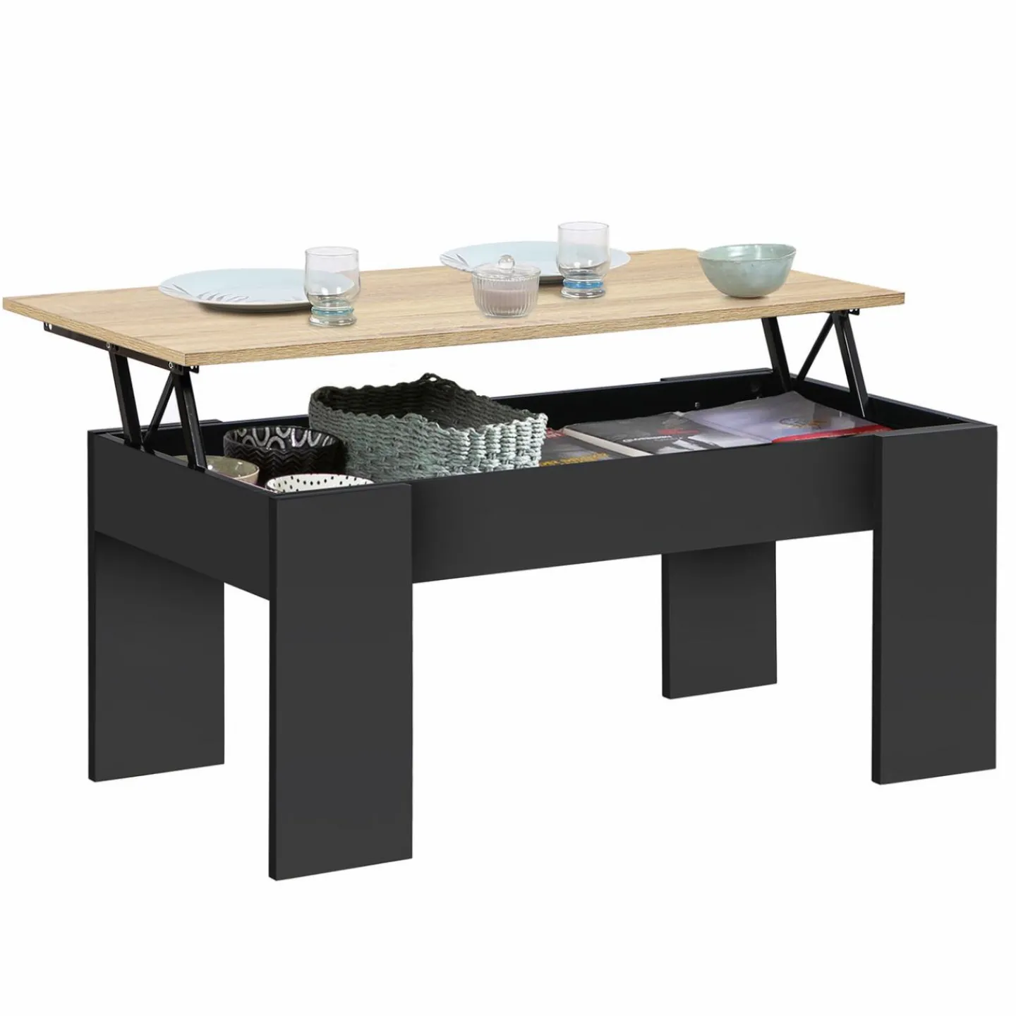 Table basse rectangulaire relevable bois noir et imitation hêtre*IDMarket Online