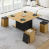 Table basse rectangulaire double plateau relevable avec poufs bois et noir convertible en table à manger*IDMarket Online