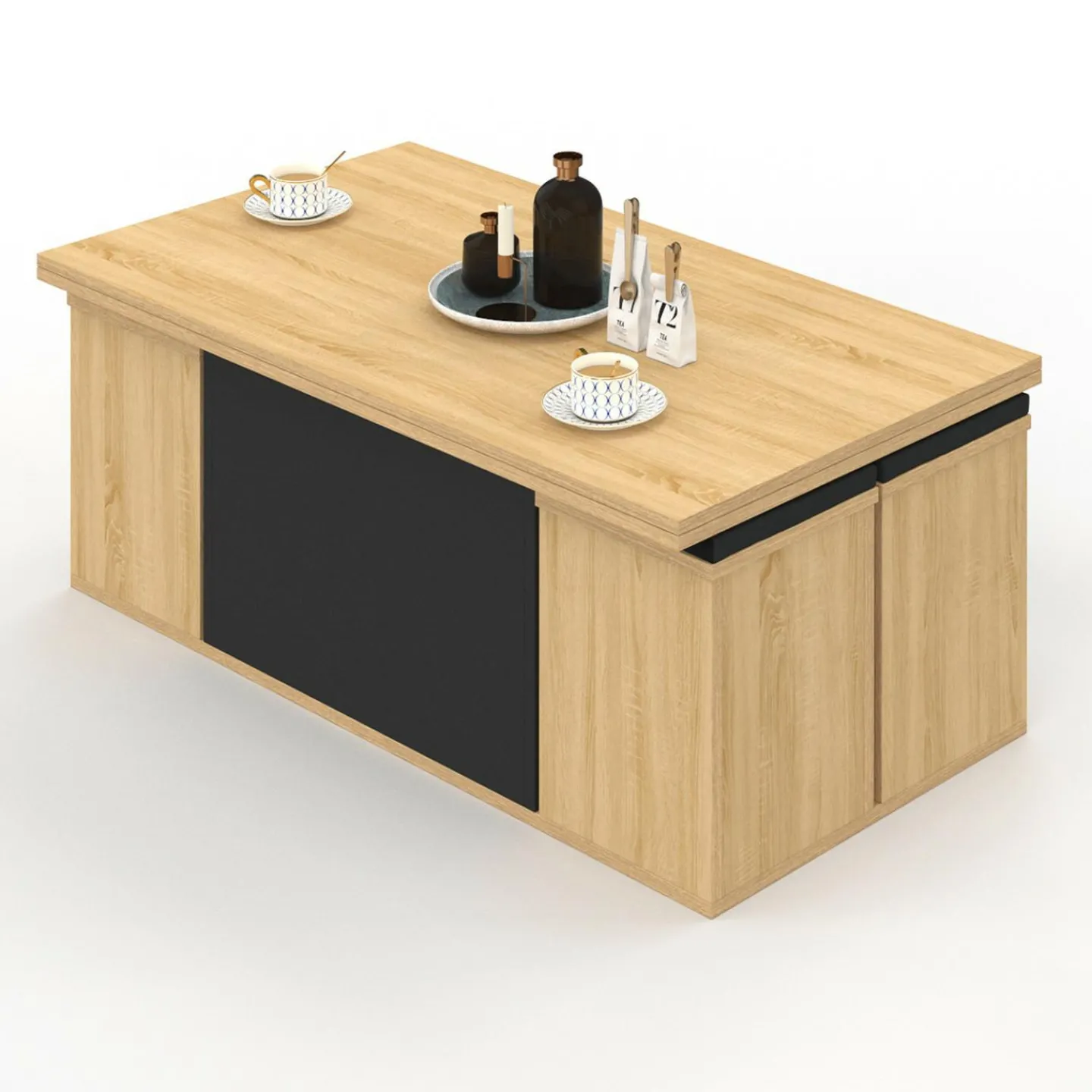 Table basse rectangulaire double plateau relevable avec poufs bois et noir convertible en table à manger*IDMarket Online
