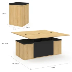 Table basse rectangulaire double plateau relevable avec poufs bois et noir convertible en table à manger*IDMarket Online