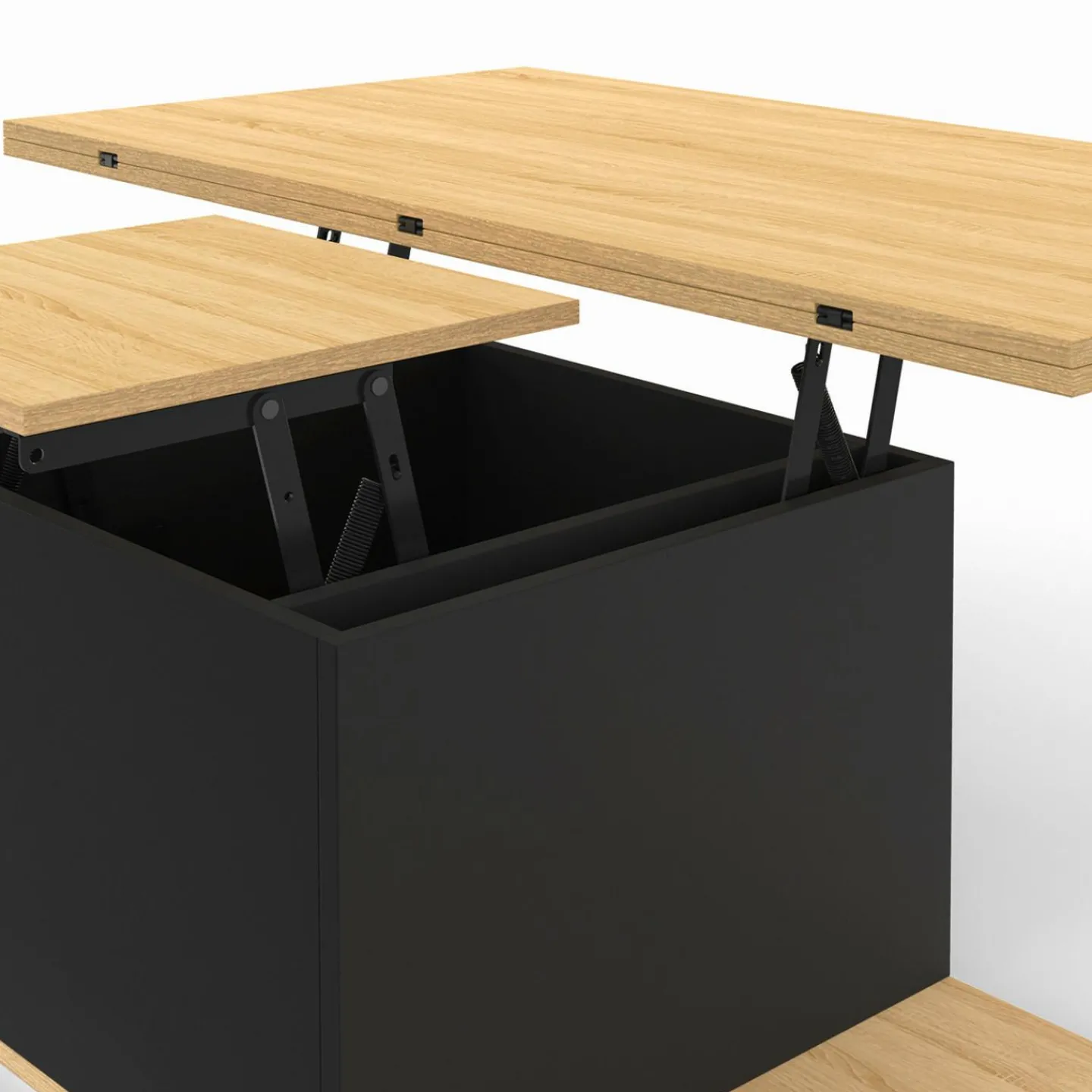Table basse rectangulaire double plateau relevable avec poufs bois et noir convertible en table à manger*IDMarket Online