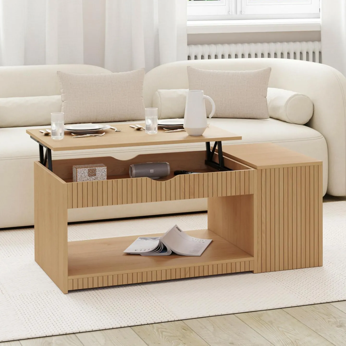 Table basse rectangulaire plateau relevable avec coffre lattes tasseau bois coloris chêne*IDMarket