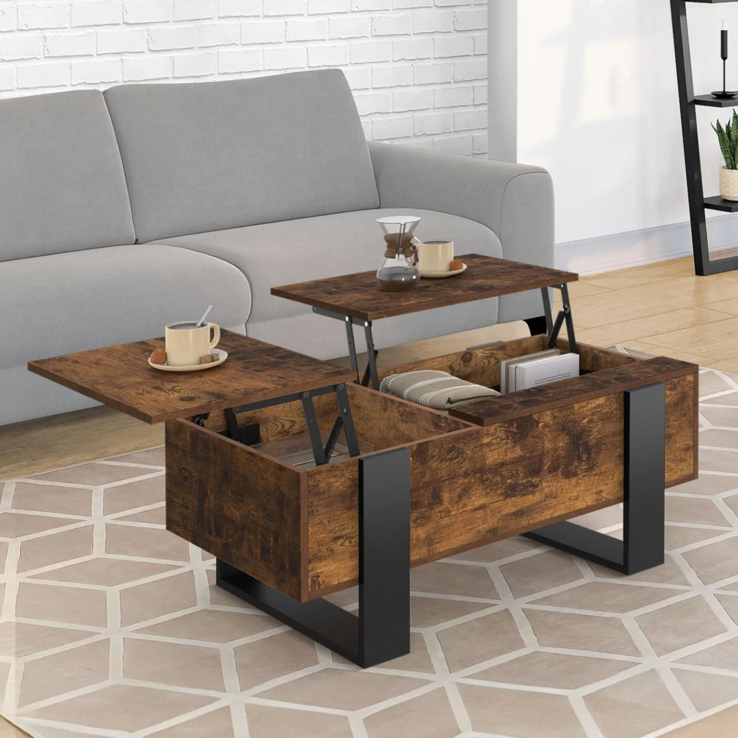 Table basse relevable 2 plateaux bois effet vieilli et noir*IDMarket Clearance